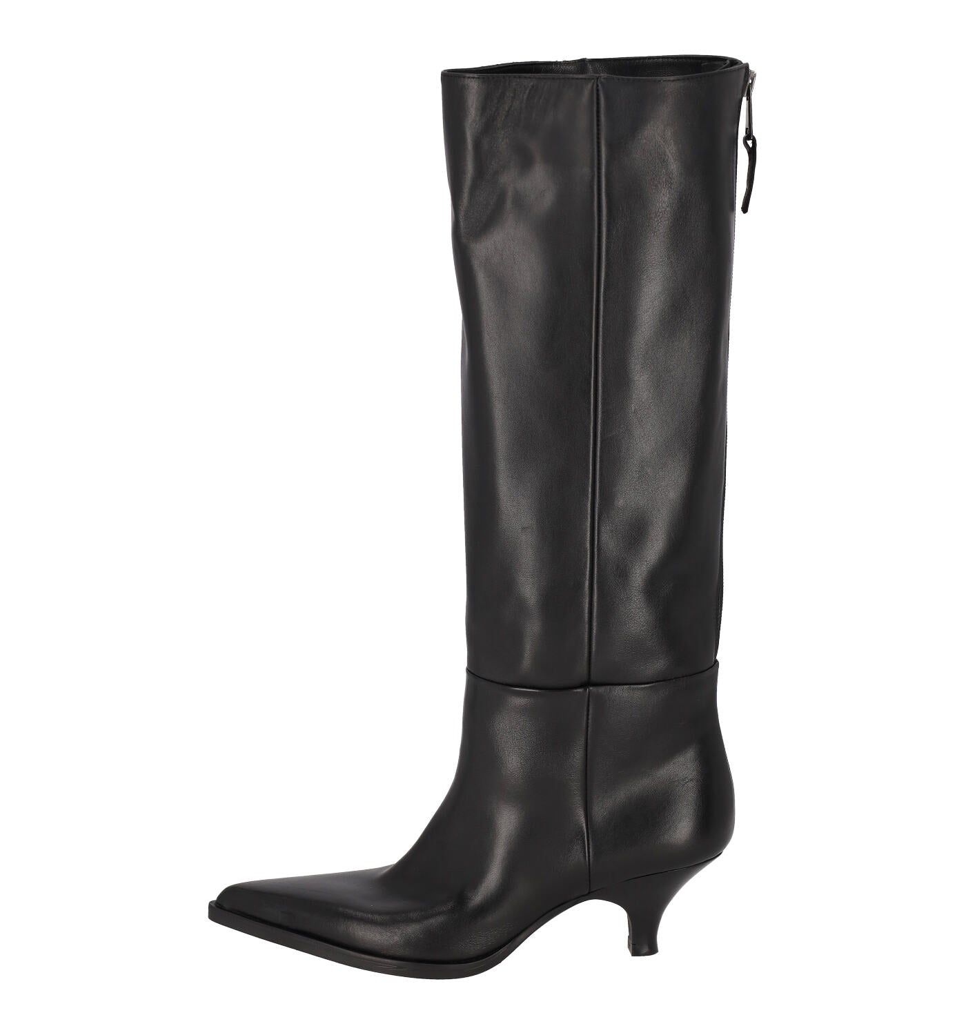 Stivale in pelle con zip sul retro apribile , tacco altezza 5 cm .