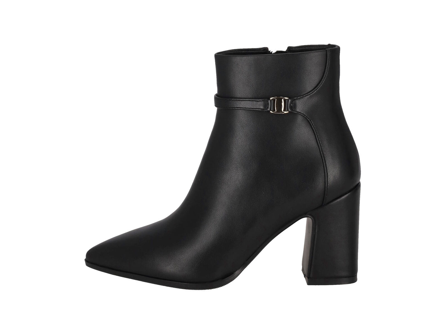 Tronchetto in ecopelle con cinturino alla caviglia , tacco altezza 8 cm . Chiusura con zip.