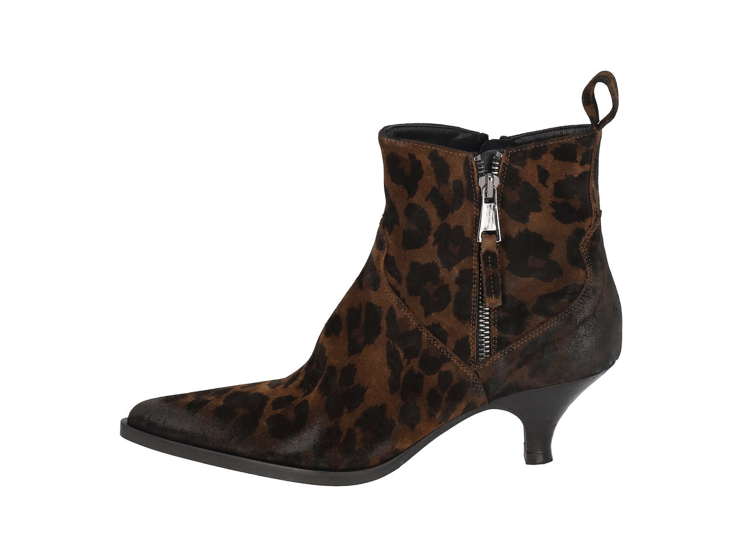 Tronchetto scamosciato leopardato con doppia zip ai lati tacco altezza 5 cm .