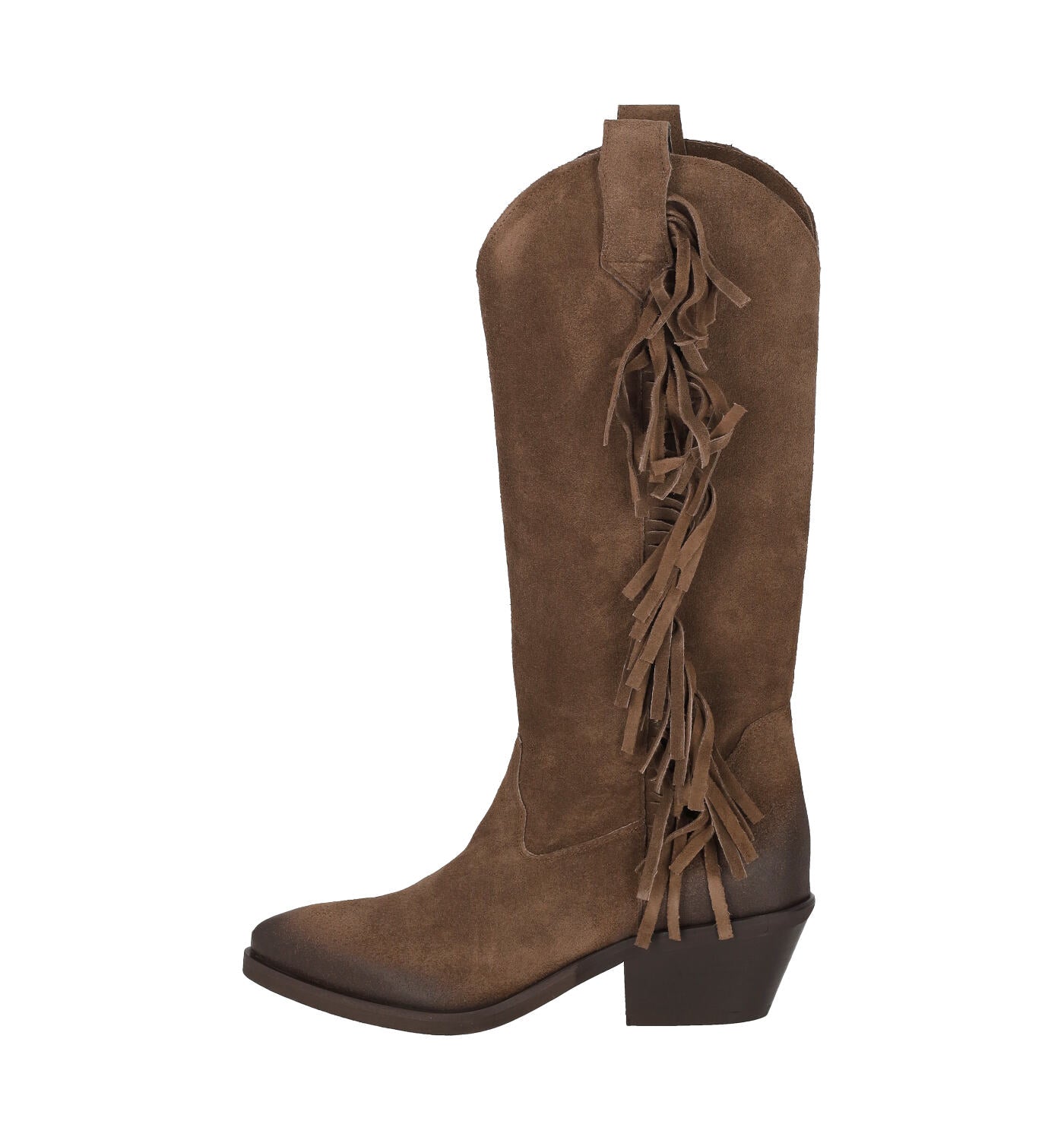 Stivale texano in camoscio con frange, tacco altezza 5 cm .