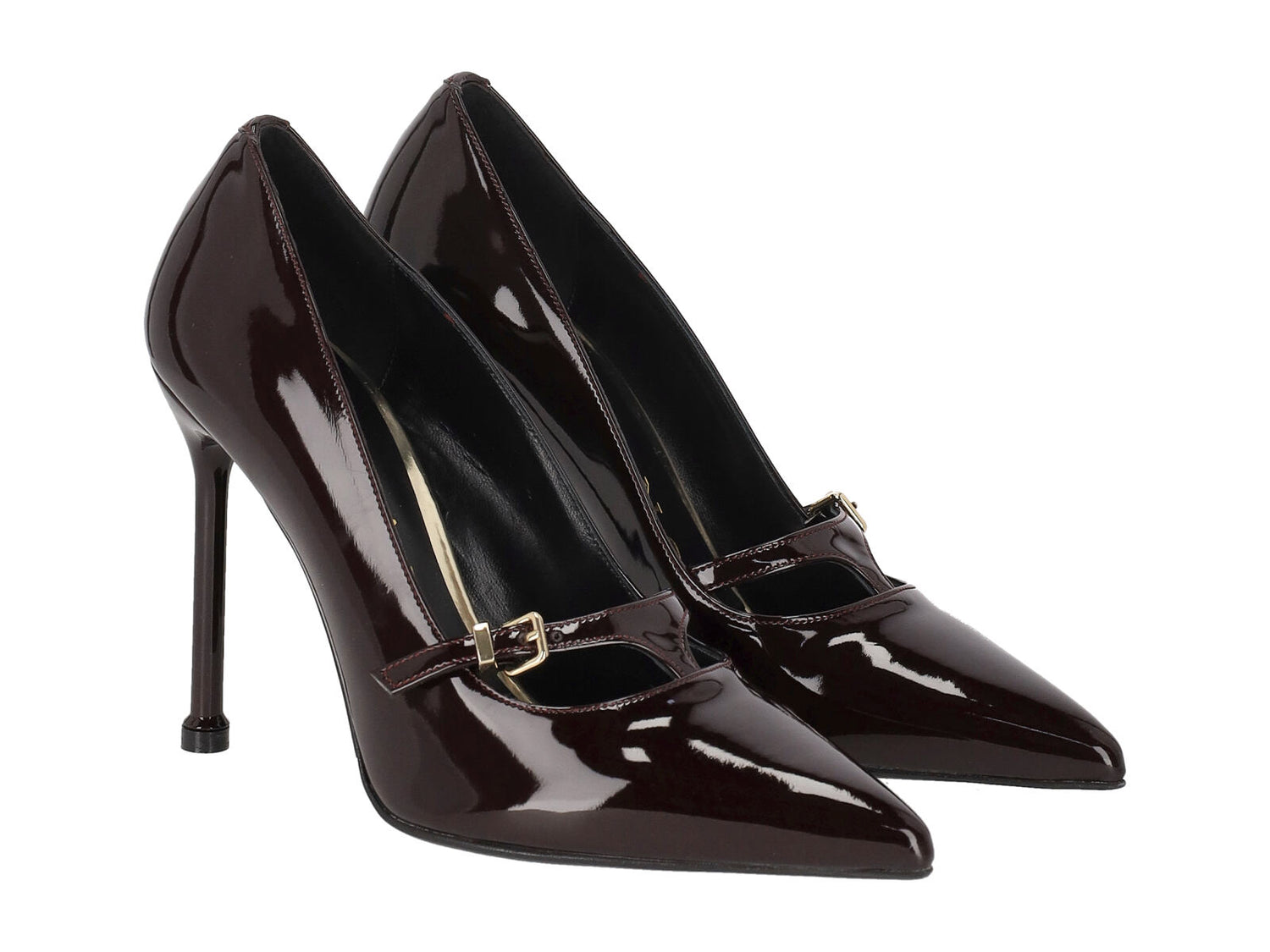 Decollètè in pelle di vernice con cinturino finto sullo scollo, tacco altezza 10 cm.