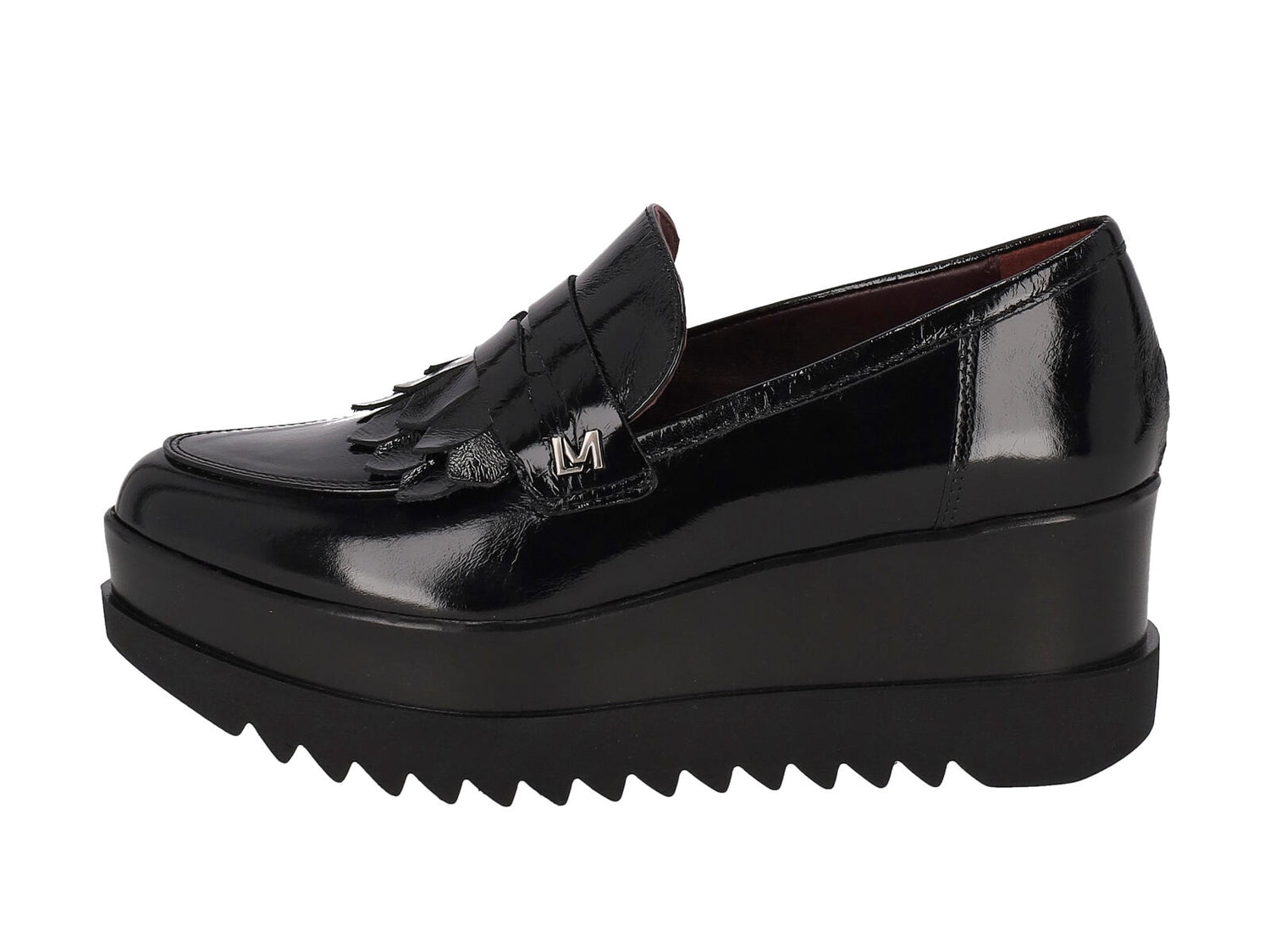 Mocassino in pelle di vernice con bendina e zeppa altezza 6 cm .