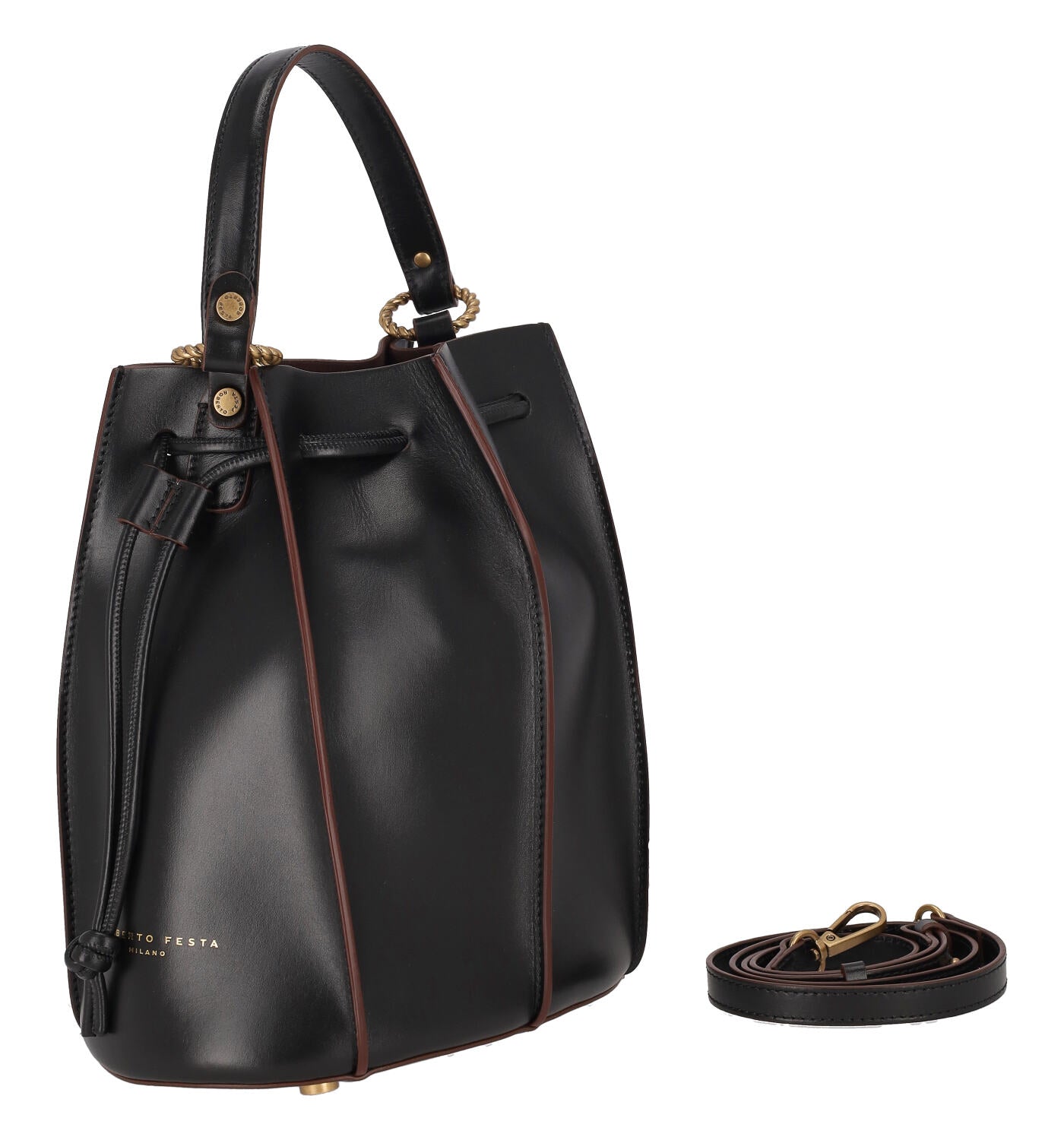 Borsa secchiello in pelle , tracolla lunga removibile.