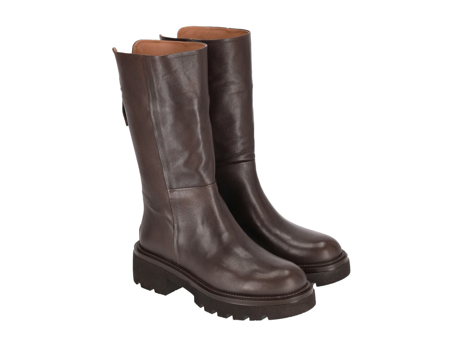 Anfibio in pelle con zip su retro , suola in gomma .