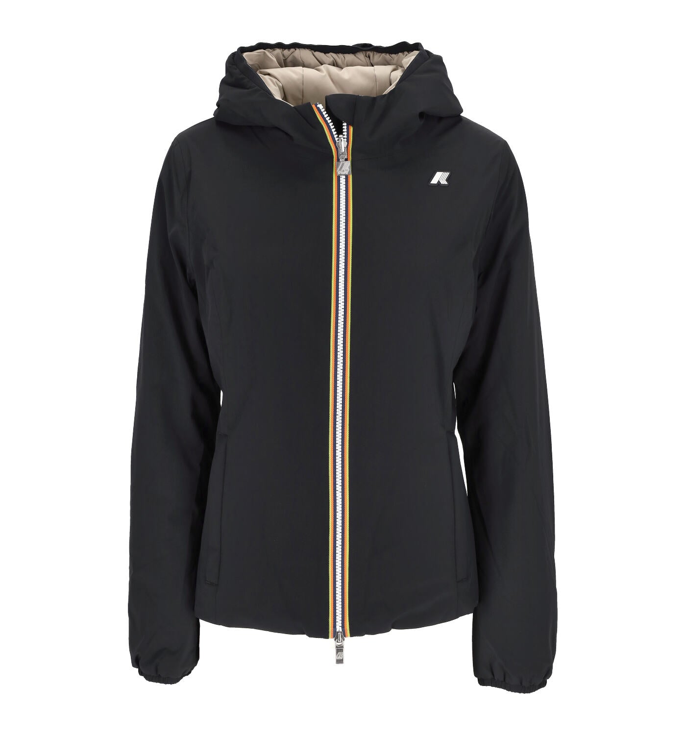 Giubbino corto con cappuccio reversibile.