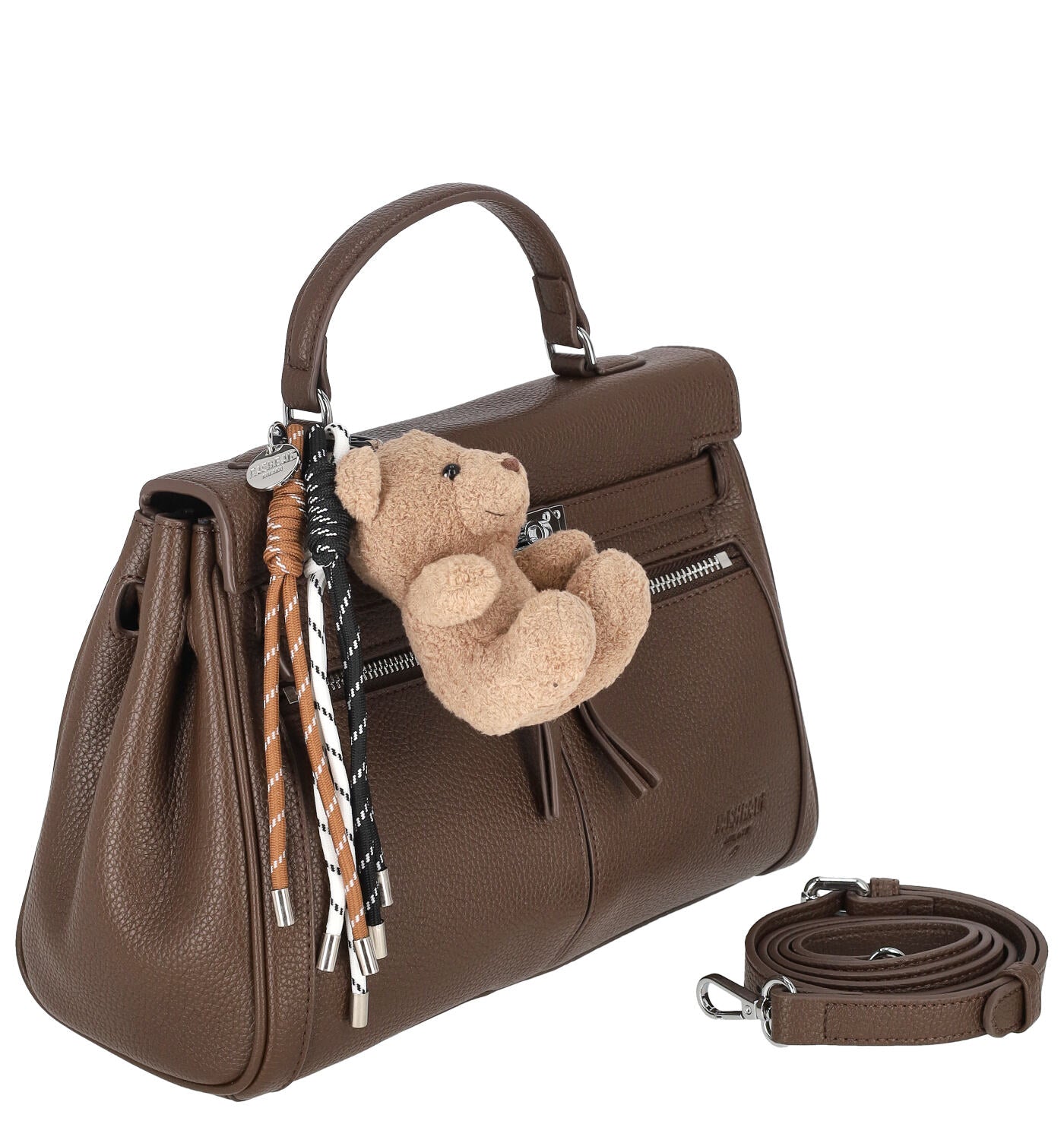 Borsa bauletto con due tasche frontali a zip, chiusura a patta con tracolla regolabile