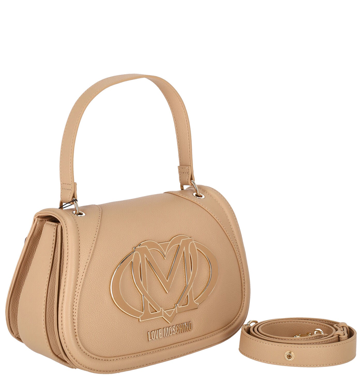 Borsa a tracolla ovale con patta e logo grande sul davanti, manico corto e tracolla lunga removibile.