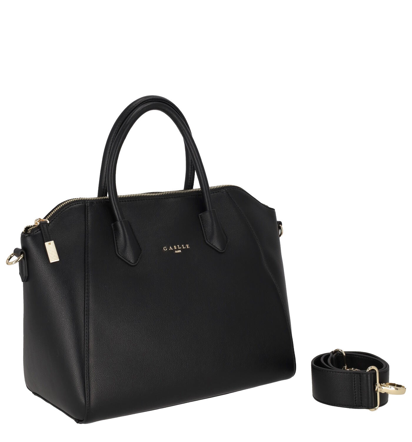 Borsa bauletto con manico corto, chiusura zip e tracolla removibile.