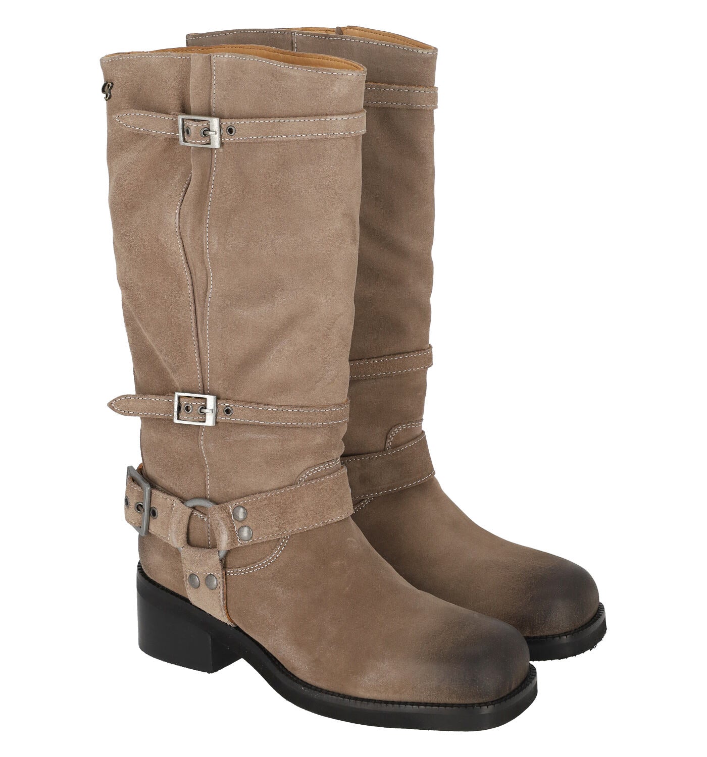 Stivale biker con tacco alto 4cm in camoscio con fibbie