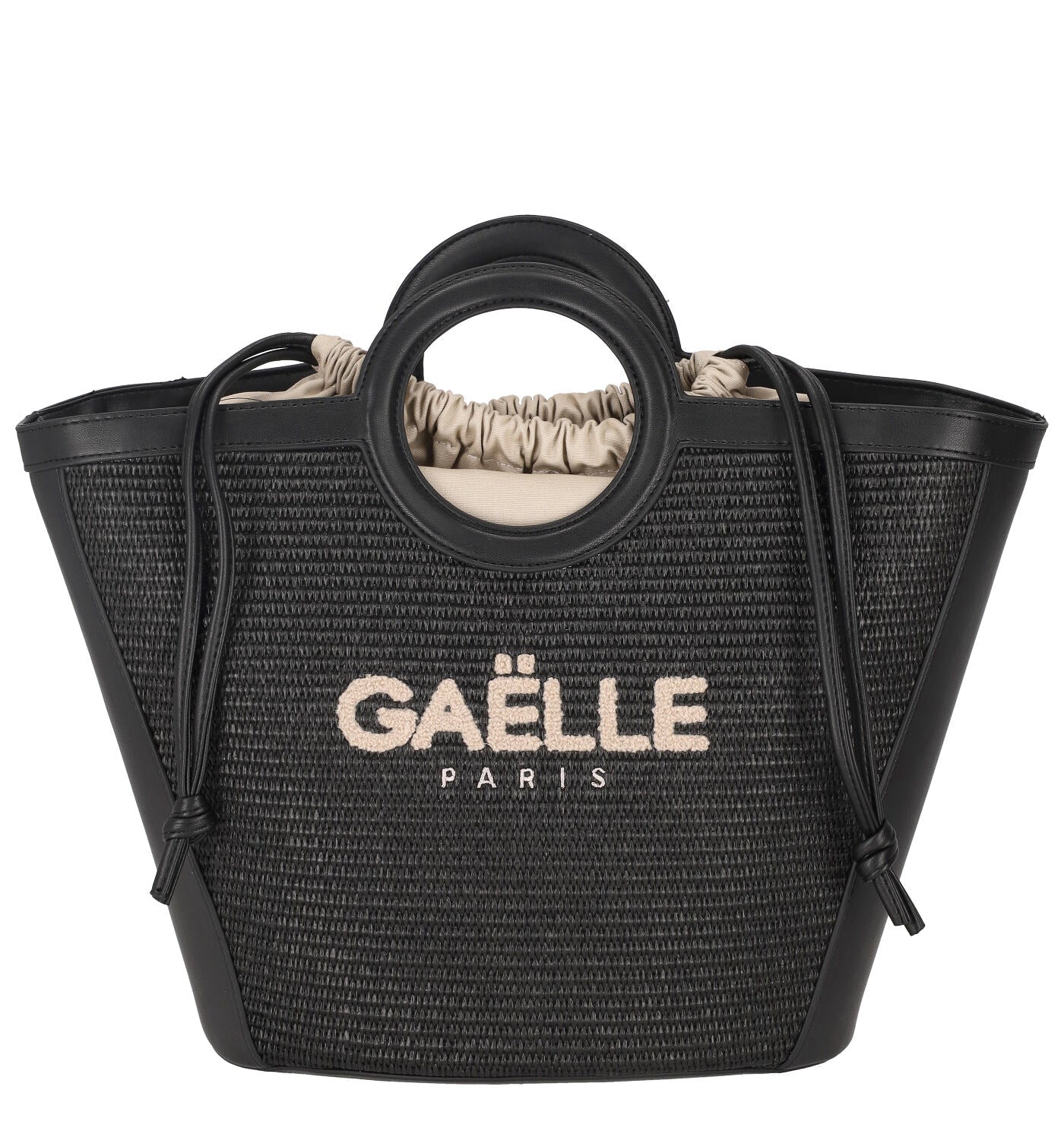 Borsa in rafia con coulisse manici ovali e tracolla