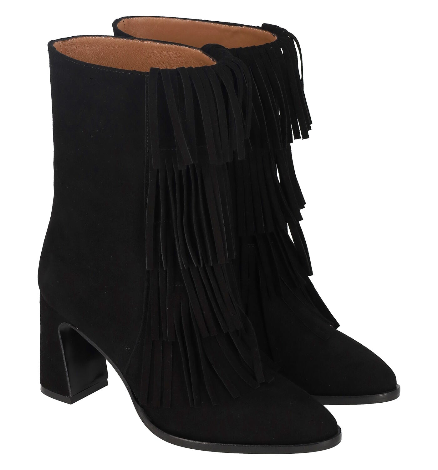 Tronchetto in camoscio con frange , tacco altezza 8 cm.