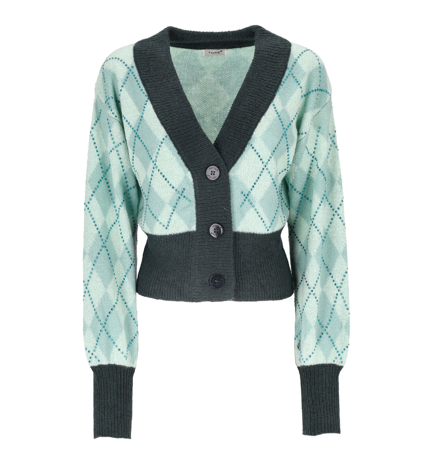 Cardigan con bottoni,fantasia rombi e strass