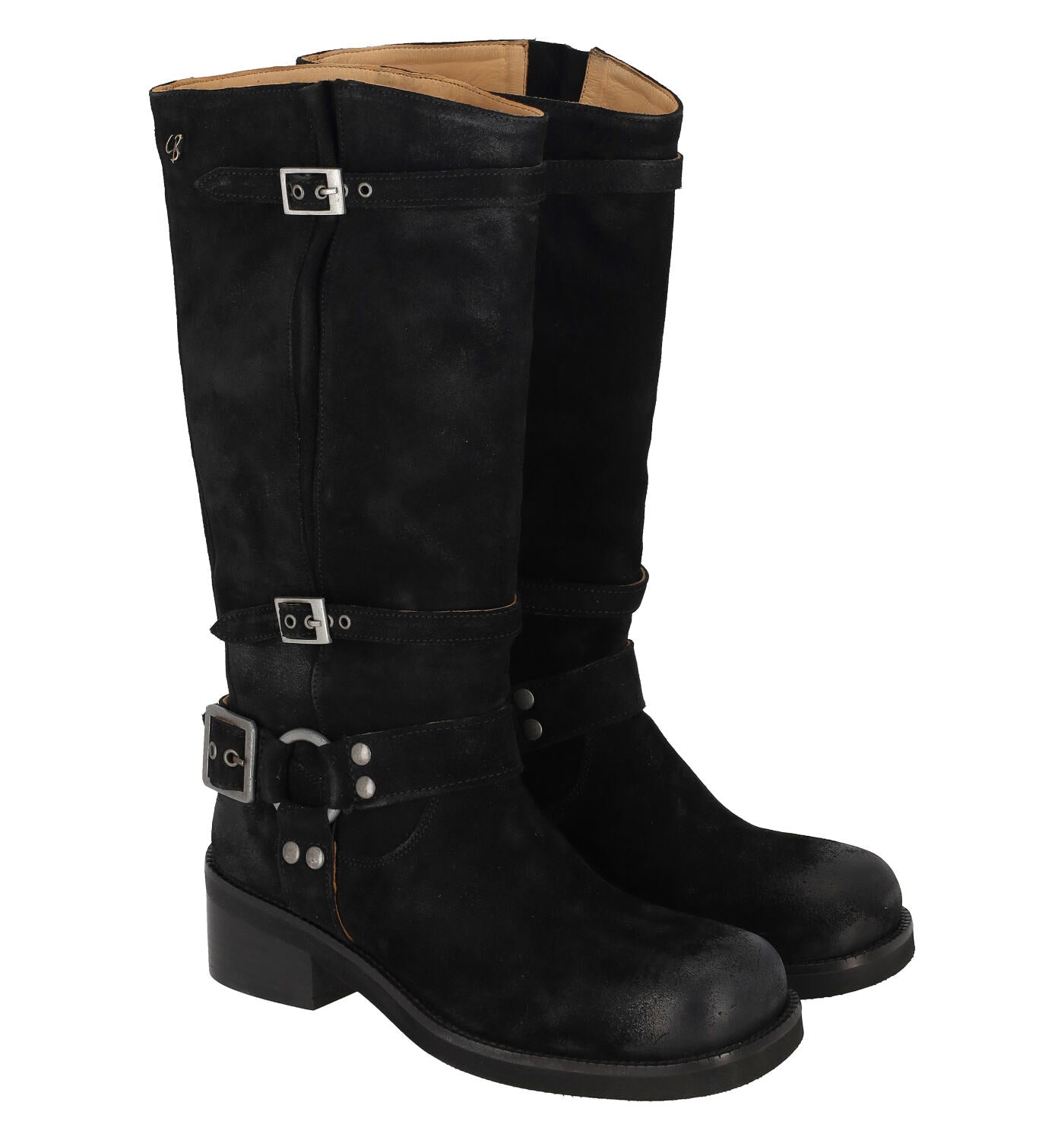 Stivale biker con tacco alto 4cm in camoscio con fibbie
