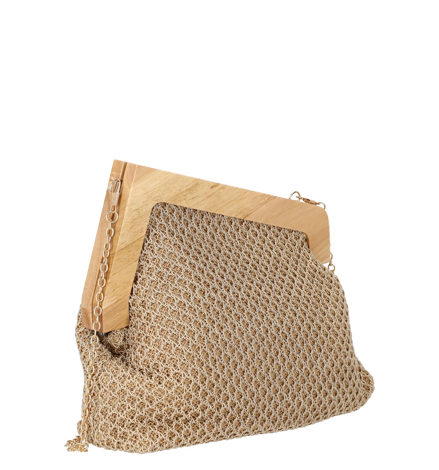 Borsa in rafia con manico trasversale in legno