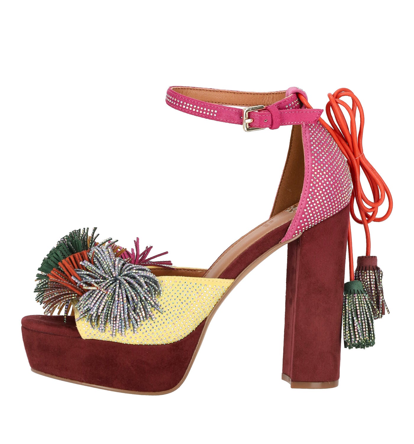 Sandalo tacco largo in camoscio con pon pon e strass lacci schiava, tacco alto 12 cm OPHELIA