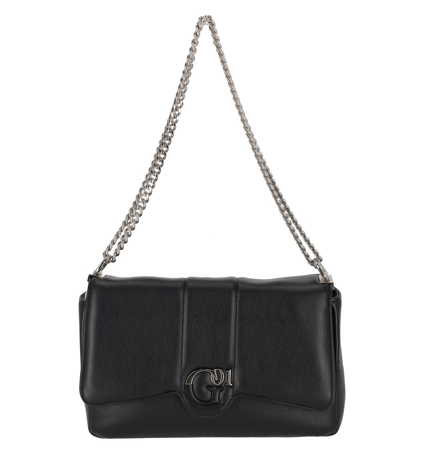 Tracolla grande con doppia catena regolabile , patta con chiusura magnetica e logo argento sul davanti.