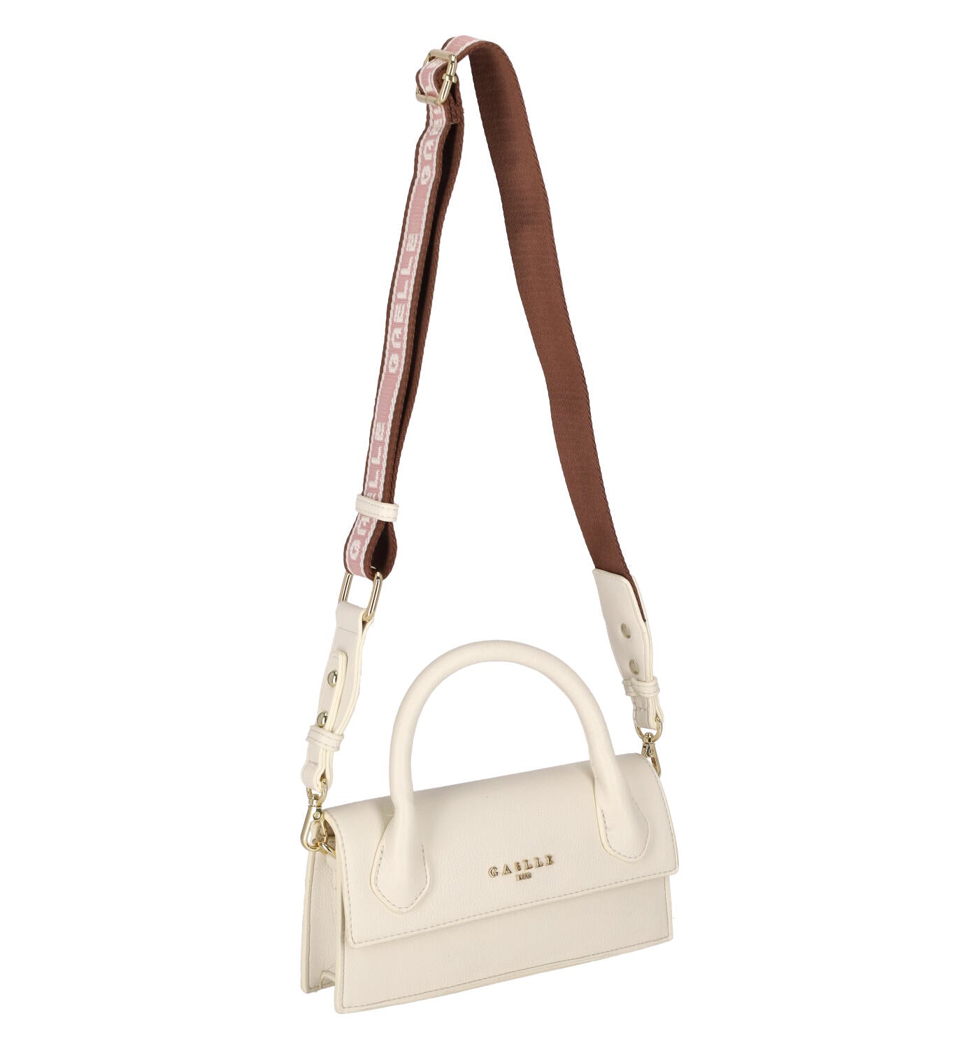 Borsa piccola a mano con manico corto e tracolla in tessuto removibile.