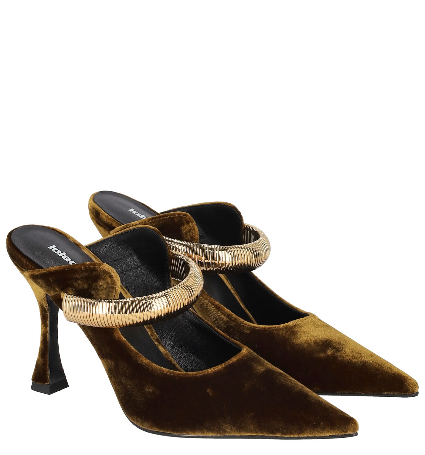 Sabot in velluto con cinturino oro , tacco altezza 10cm