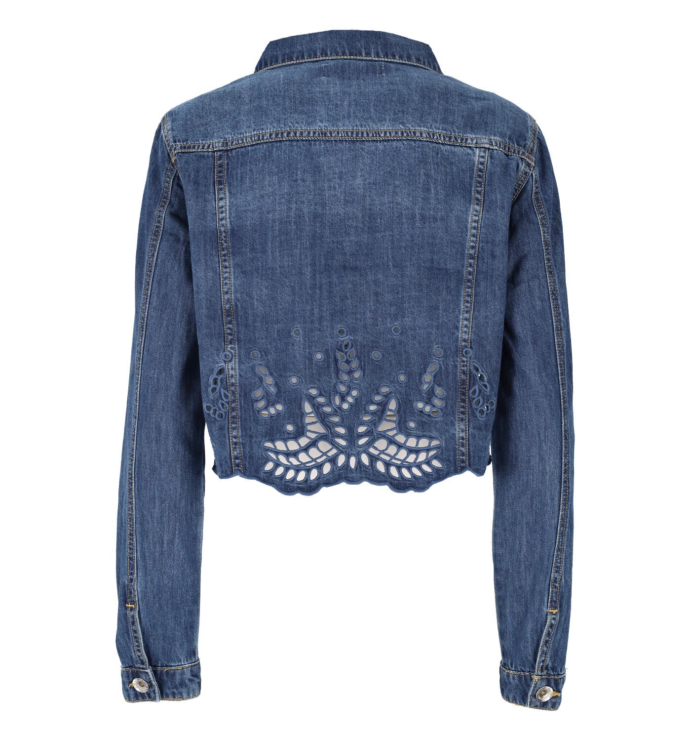 Giubbino jeans crop con ricamo fondo