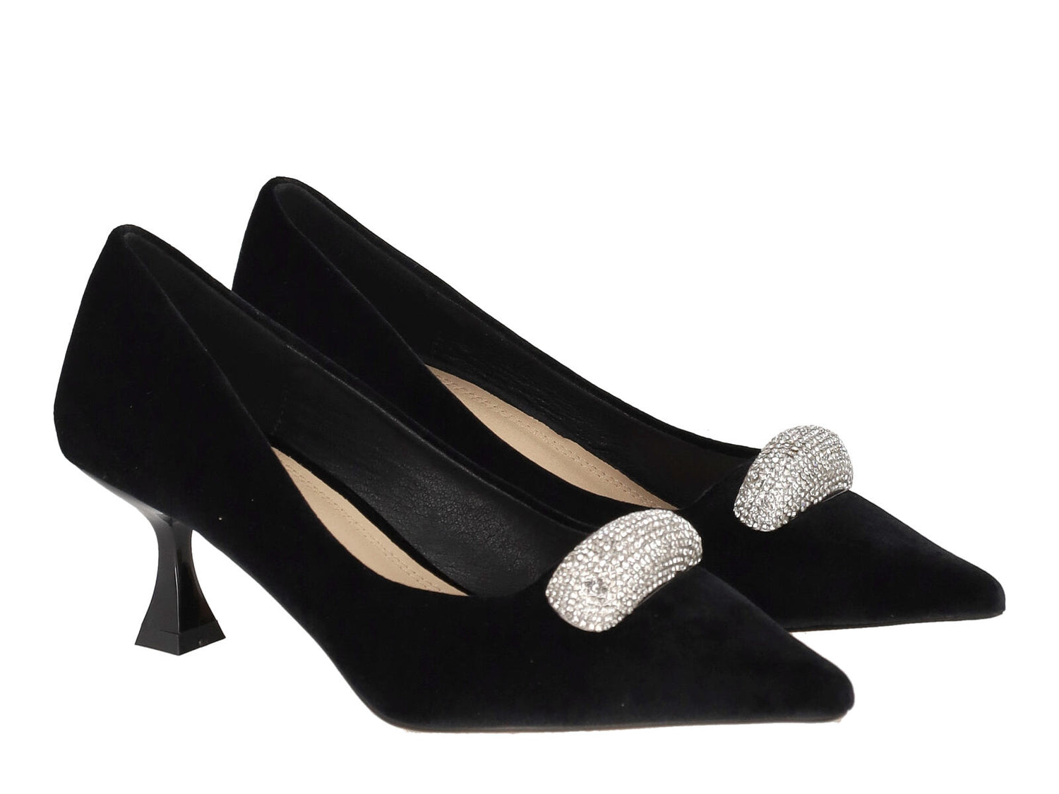 Decolletè in velluto con applicazione strass, tacco altezza 5 cm .