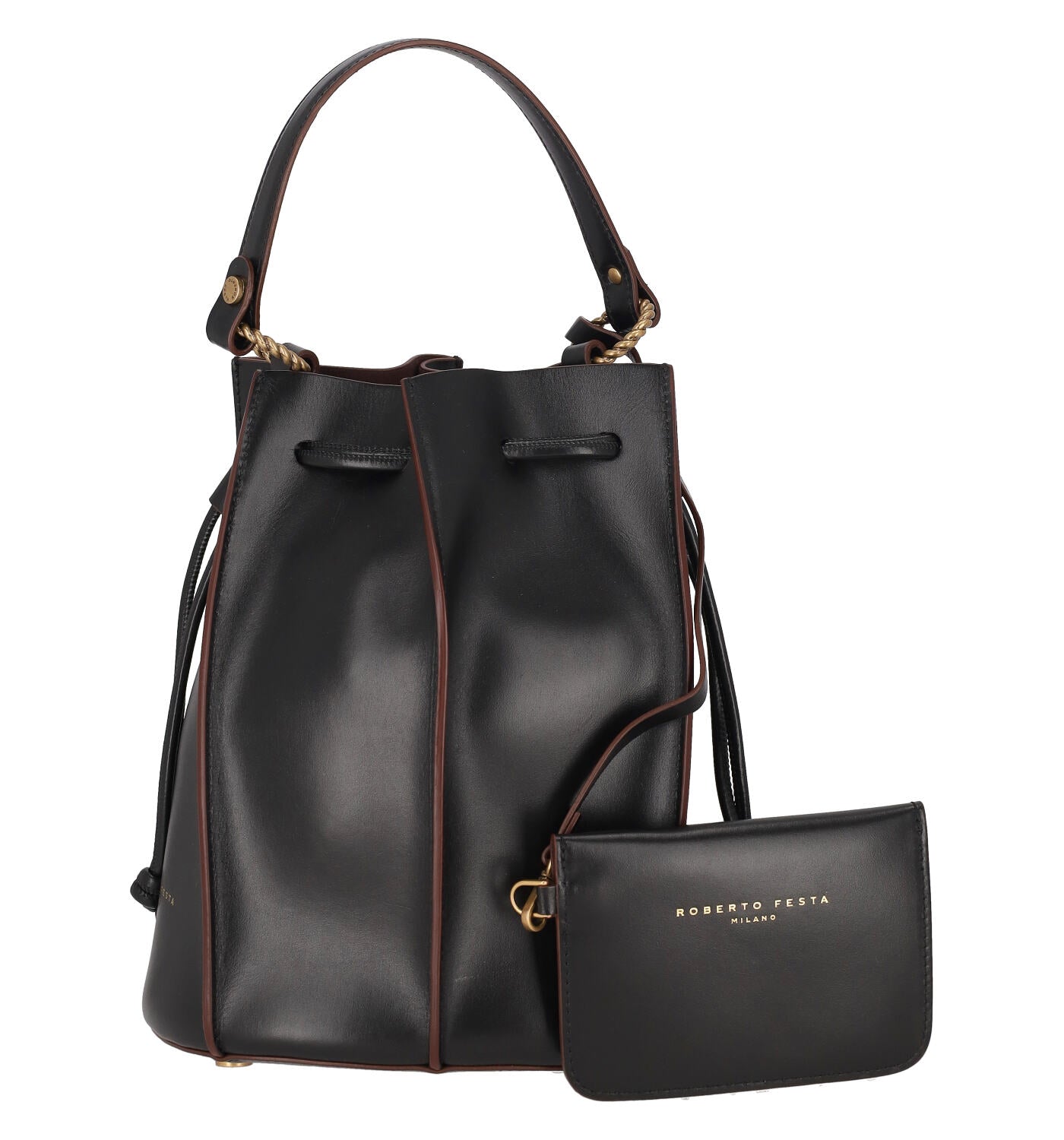 Borsa secchiello in pelle , tracolla lunga removibile.