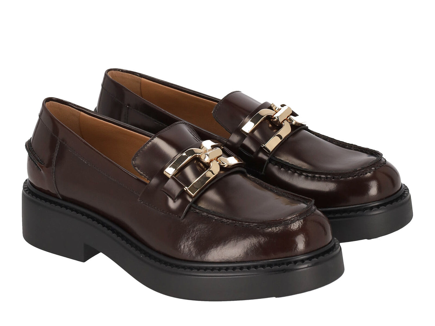 Mocassino in pelle con morsetto oro , fondo in gomma