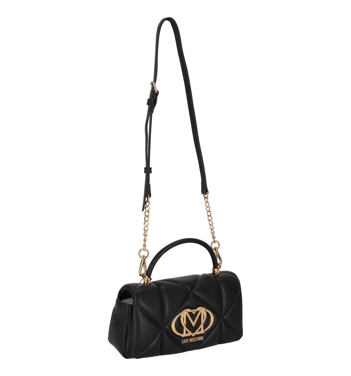 Tracolla trapuntata con logo oro , patta con ciusura magnetica . Manico corto e tracolla lunga regolabile.