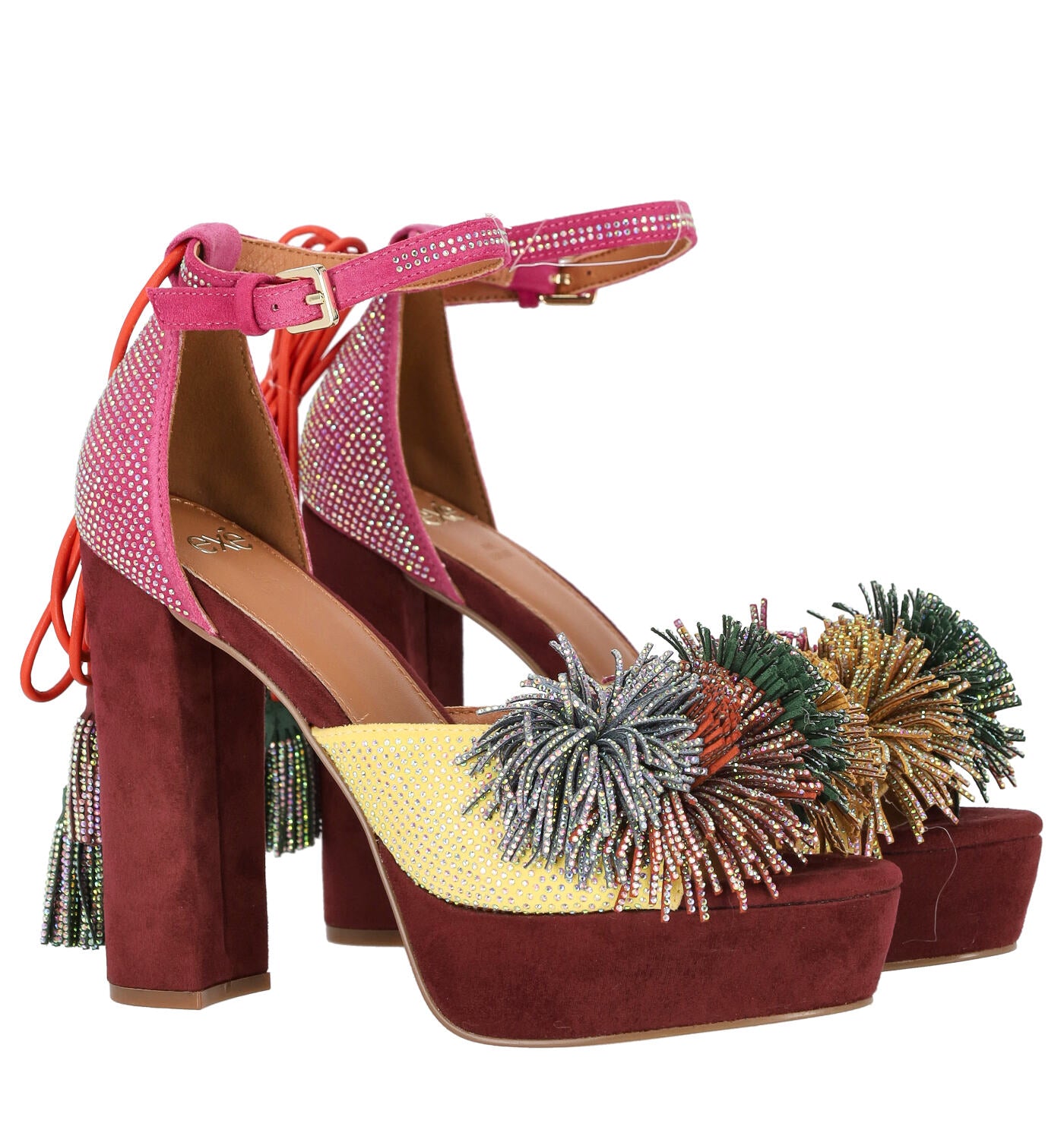Sandalo tacco largo in camoscio con pon pon e strass lacci schiava, tacco alto 12 cm OPHELIA