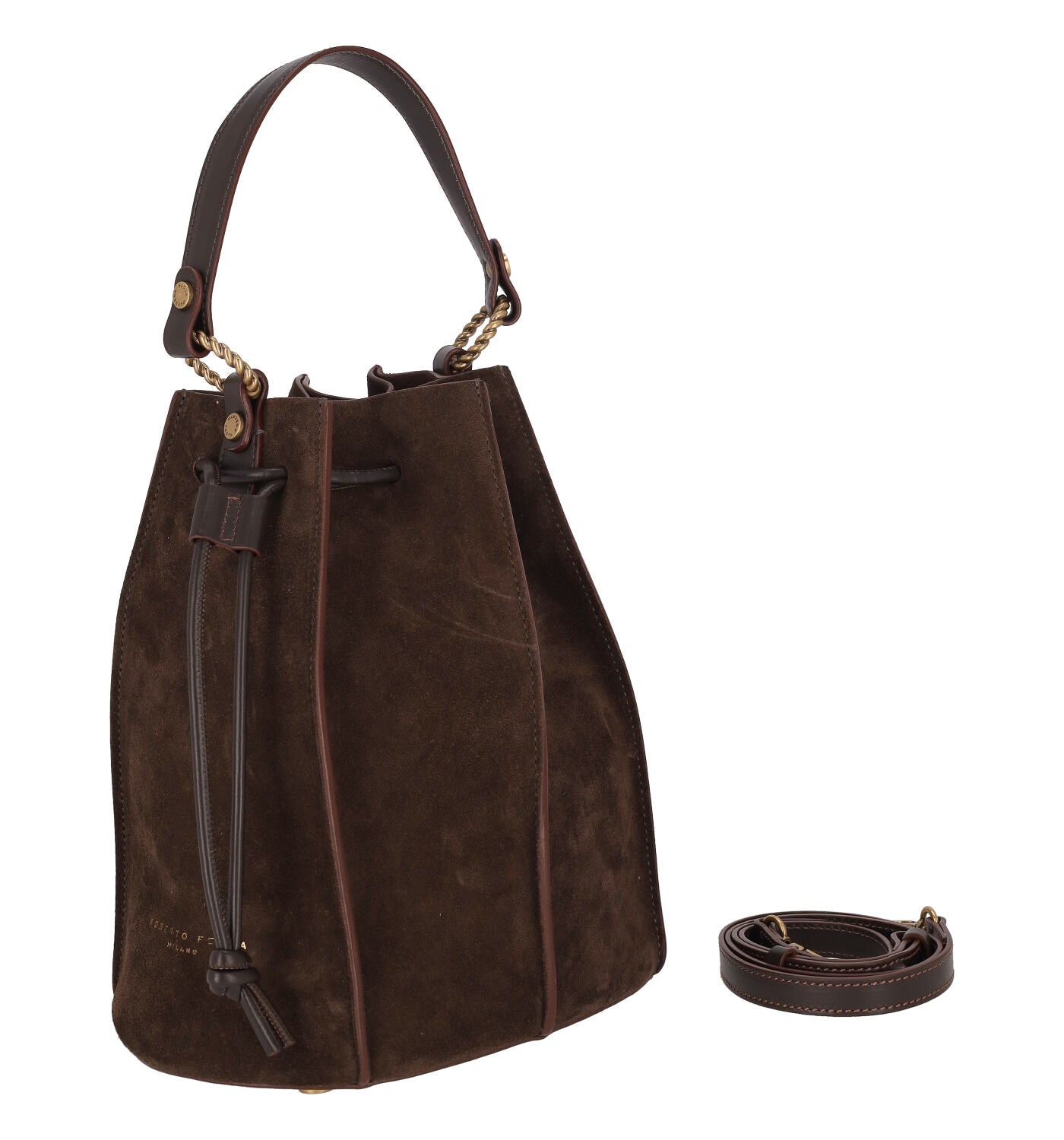 Borsa secchiello in camoscio con riporti e manico in pelle , tracolla lunga removibile.