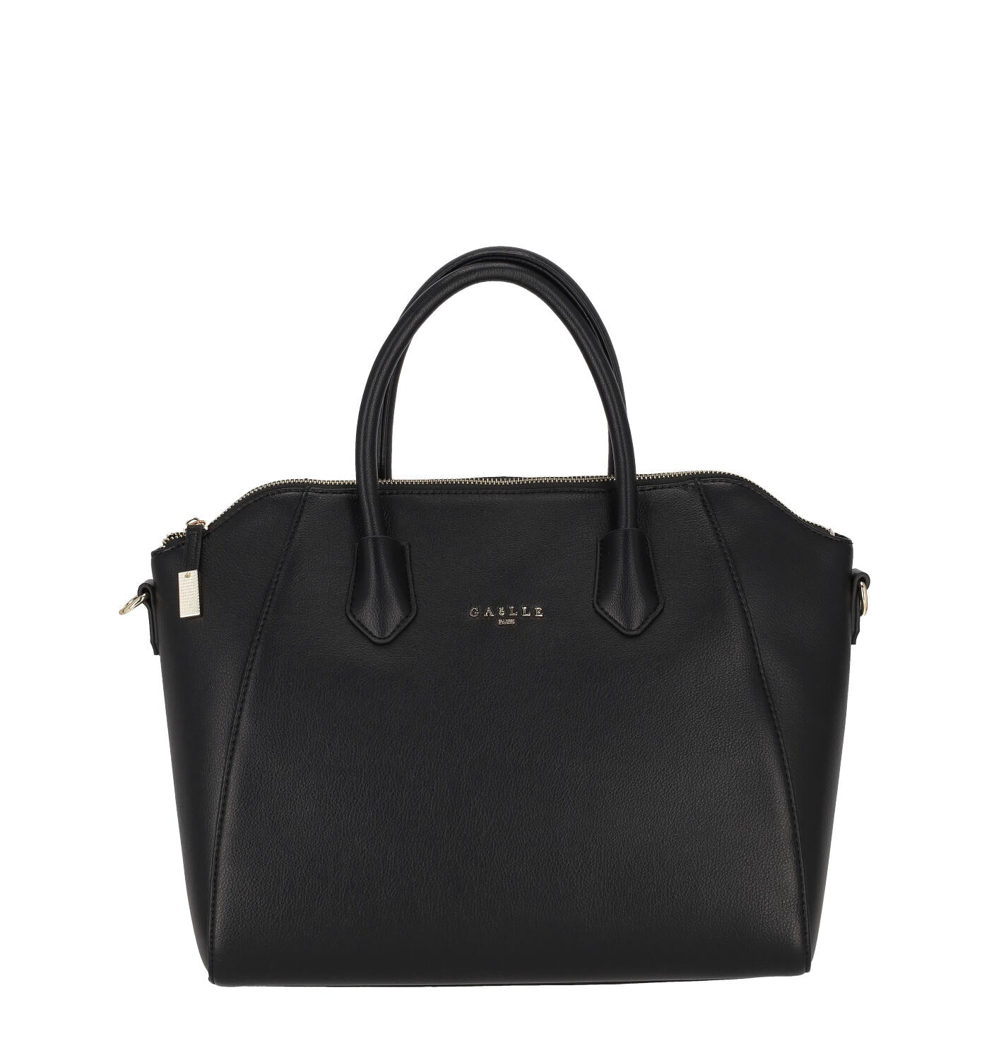 Borsa bauletto con manico corto, chiusura zip e tracolla removibile.