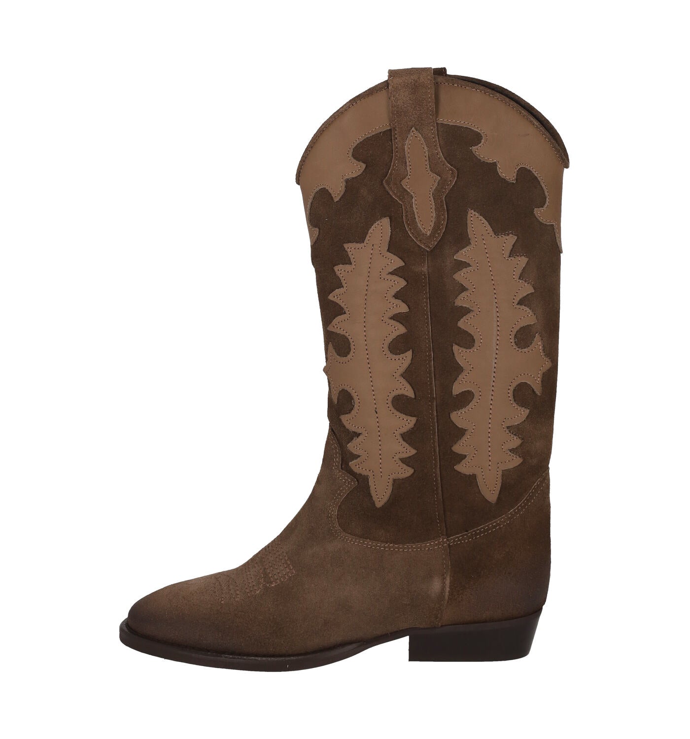 Stivale texano in camoscio con riporti in pelle ricamati , tacco altezza 3 cm .