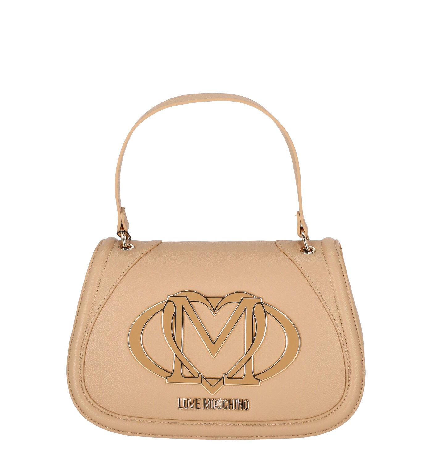 Borsa a tracolla ovale con patta e logo grande sul davanti, manico corto e tracolla lunga removibile.