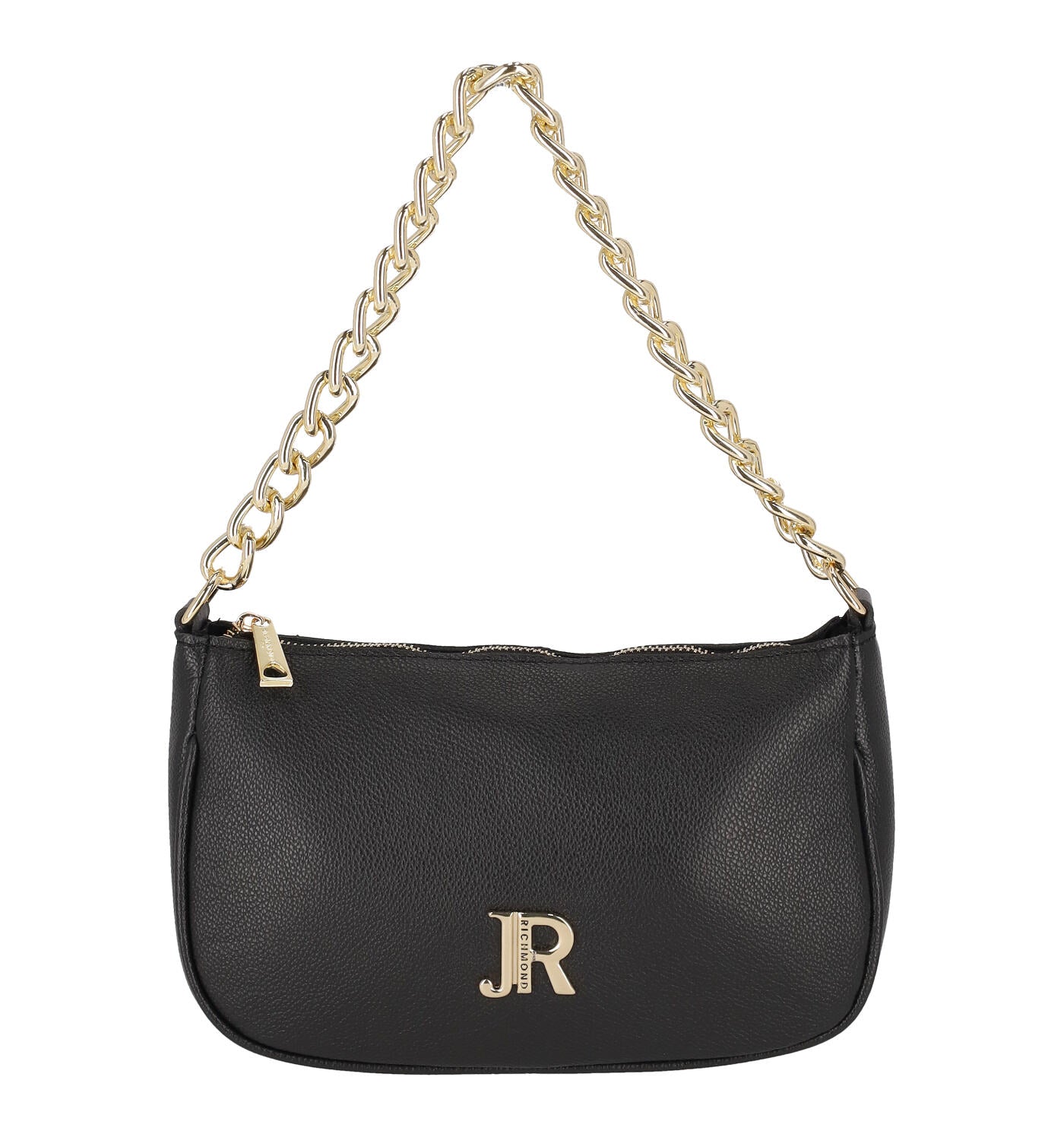 Borsa sottospalla con catena oro e tracolla semplice removibile . Chiusura con zip.