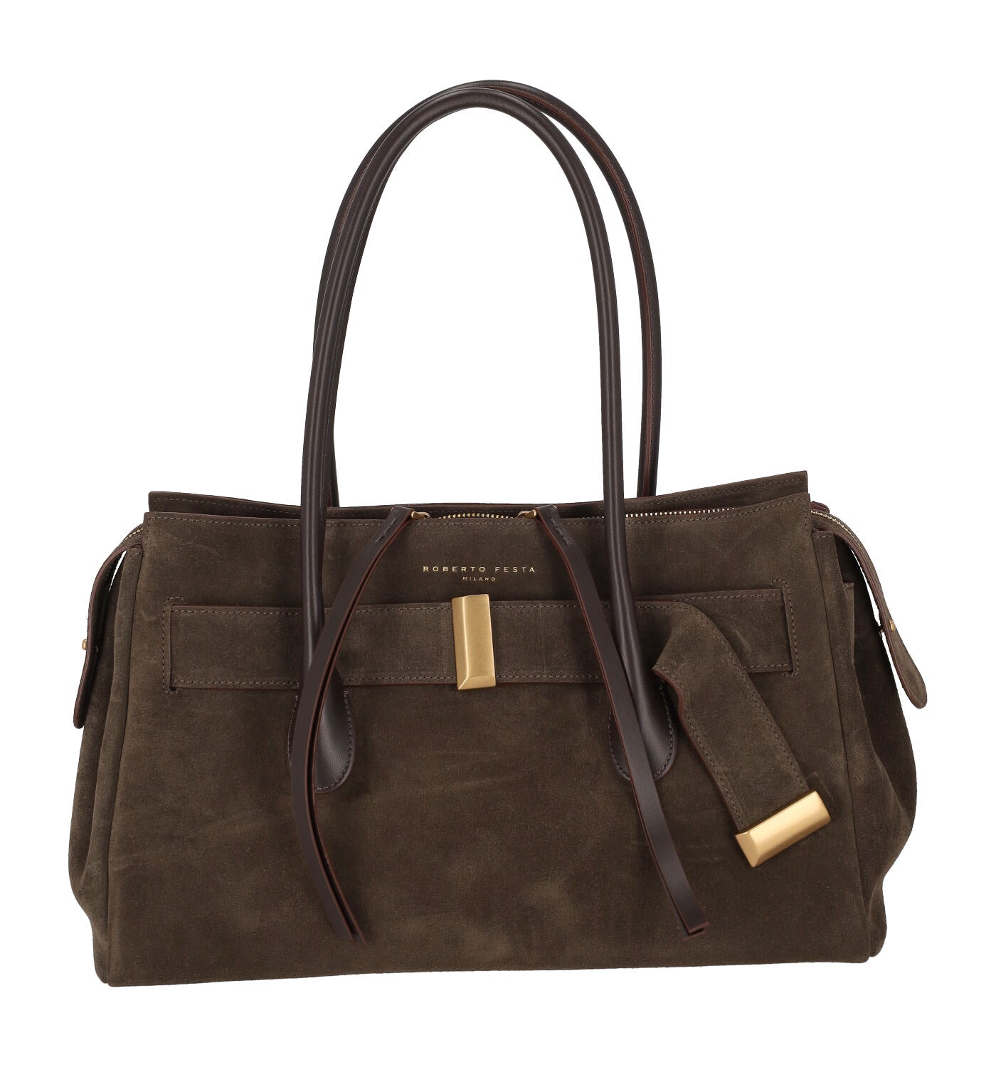 Borsa in camoscio con manici lunghi in pelle