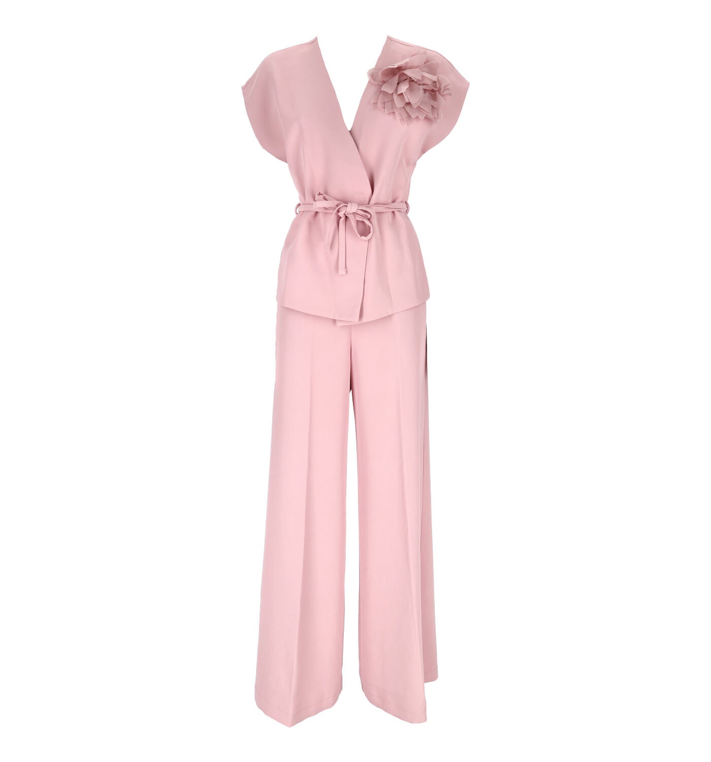 Gilet con pantalone a palazzo con spilla fiore