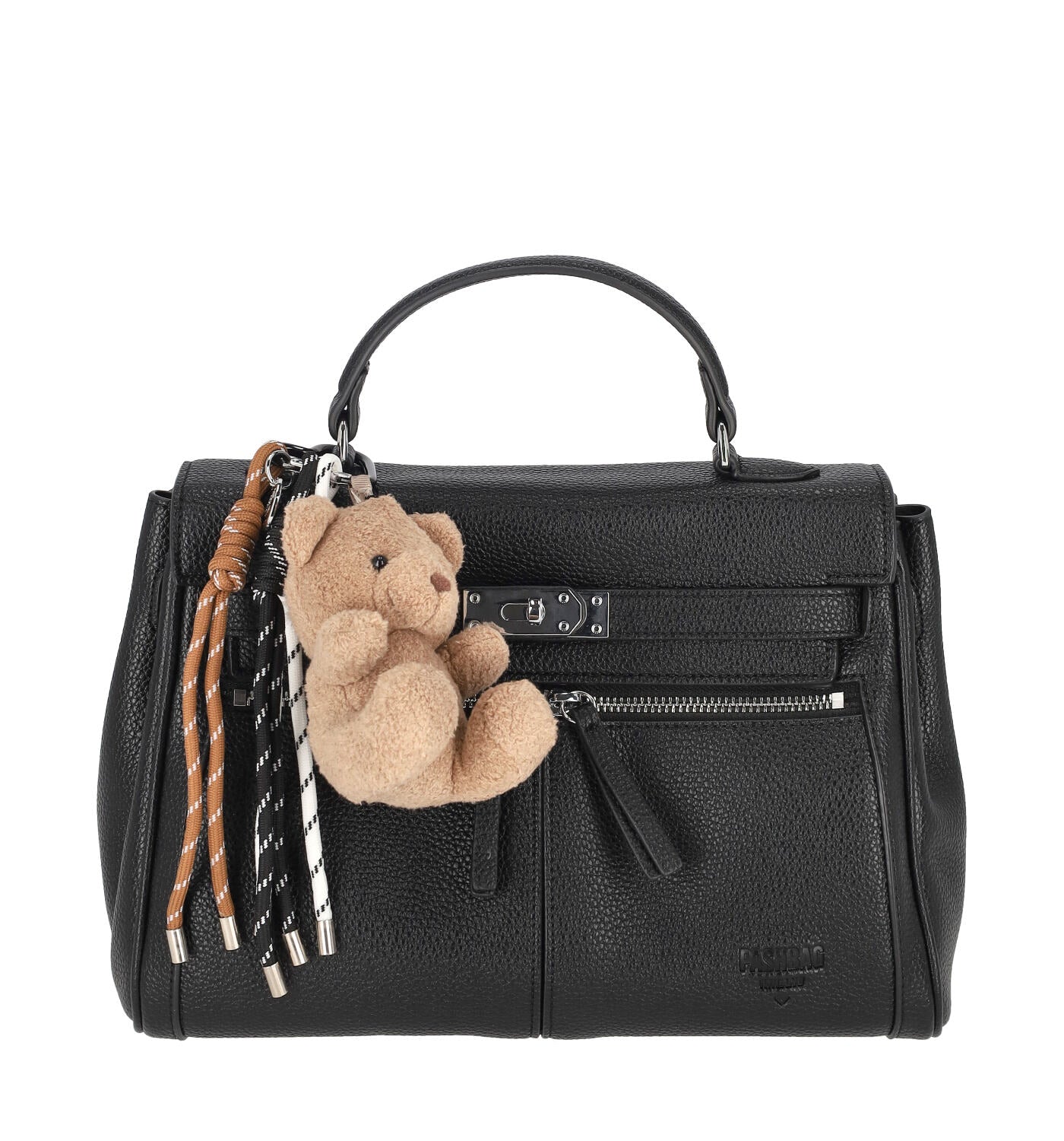 Borsa bauletto con due tasche frontali a zip, chiusura a patta con tracolla regolabile