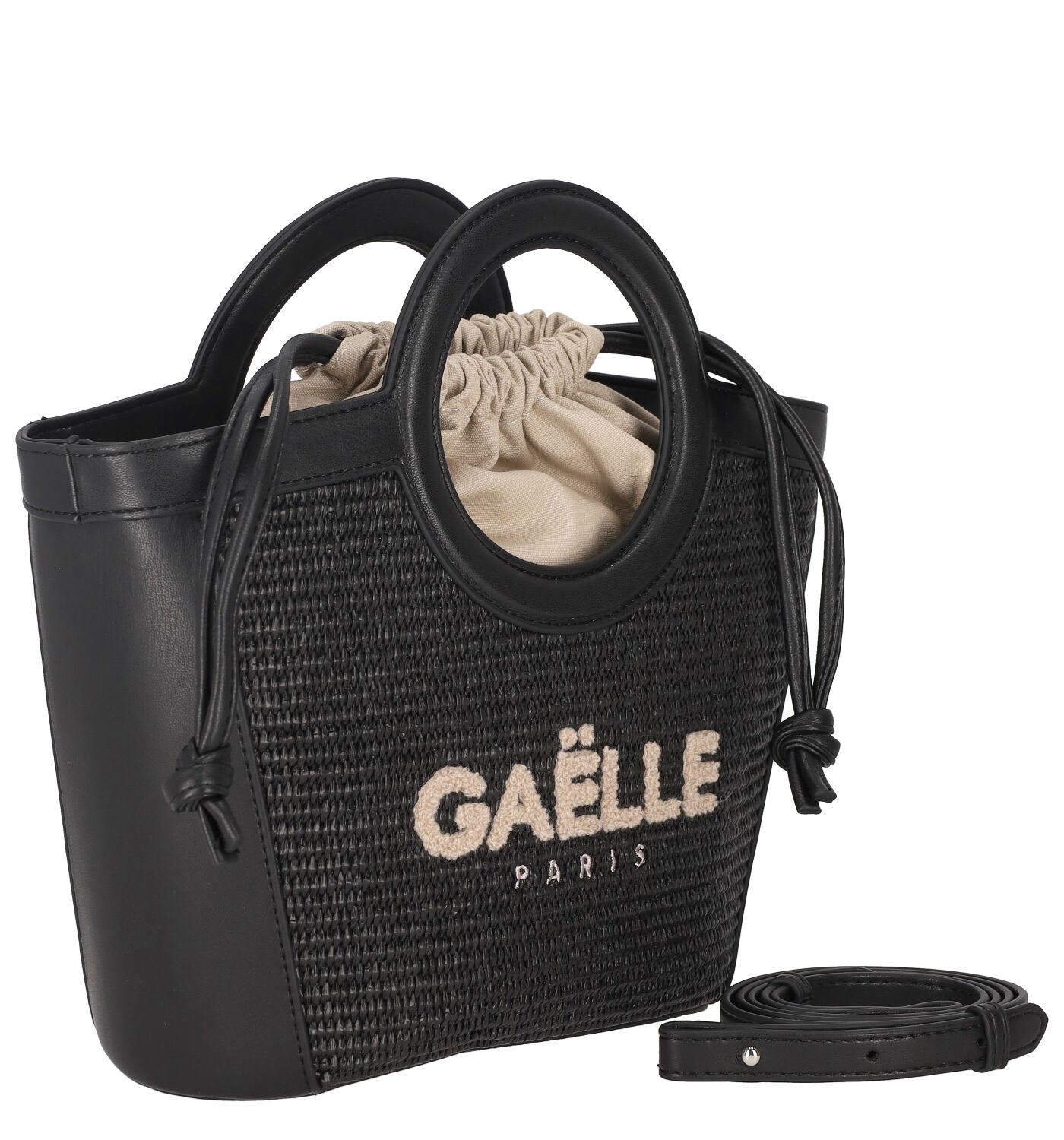 Borsa piccola in rafia con coulisse manici ovali e tracolla