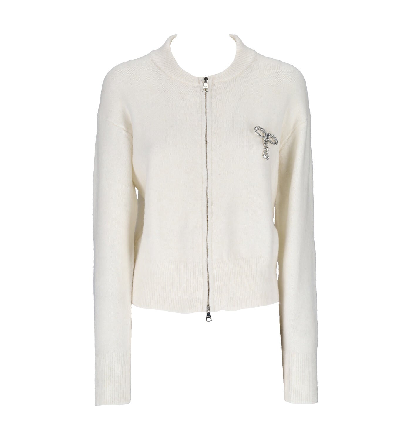 Cardigan con zip e con decoro fiocco in strass sul petto