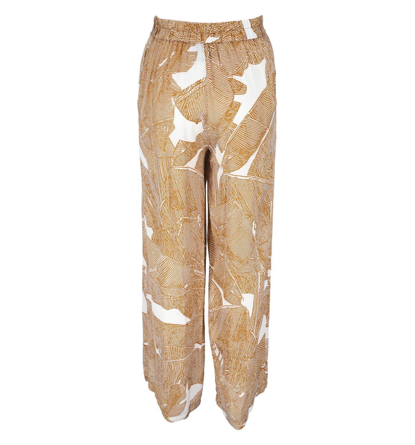 Pantalone a palazzo con stampa foglie con elastico in vita sul retro
