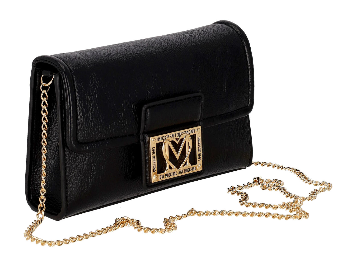 Pochette con tracolla catena removibile , patta con chiusura magnetica e logo oro