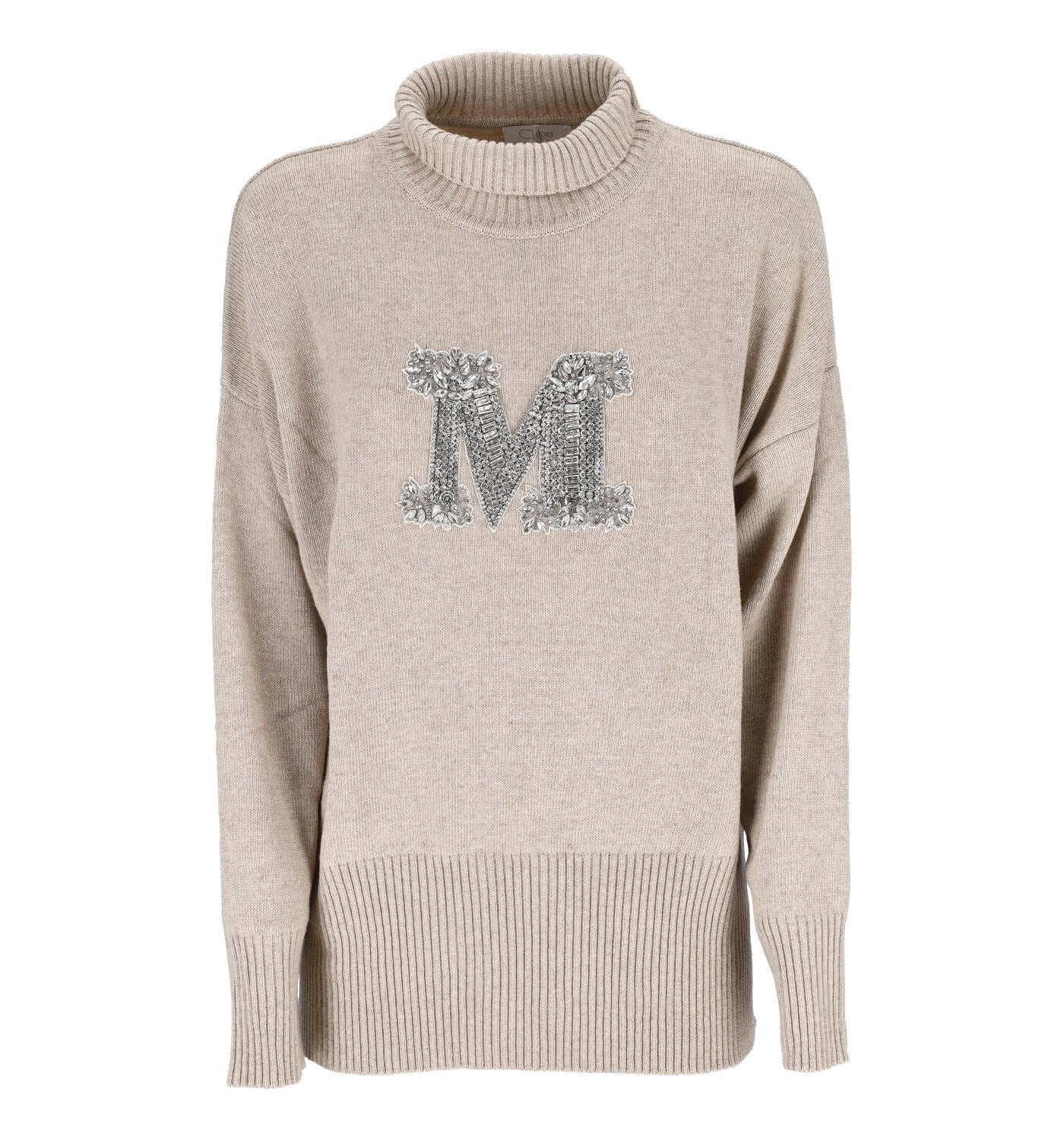 Maglione collo alto in cashmere con logo strass.