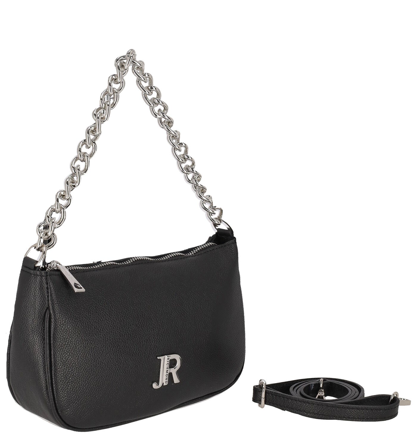 Borsa sottospalla con catna argento, tracolla lunga removibile, chisura con zip.