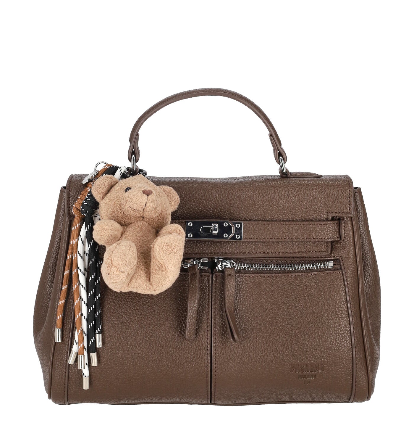 Borsa bauletto con due tasche frontali a zip, chiusura a patta con tracolla regolabile