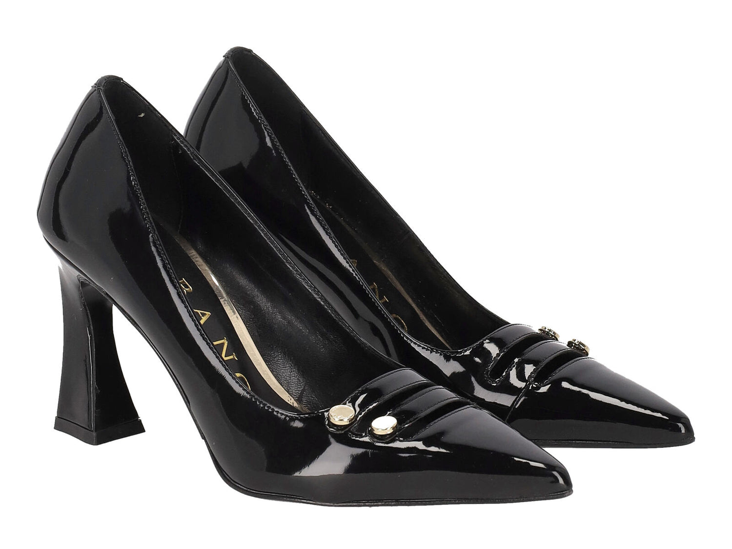 Decollètè in pelle di vernice con tacco largo altezza 9 cm.