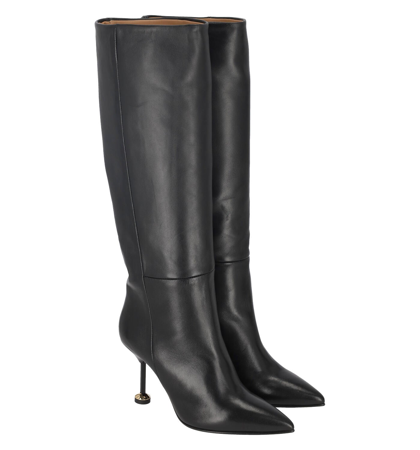 Stivale in pelle con tacco bottone oro , altezza tacco 9 cm.