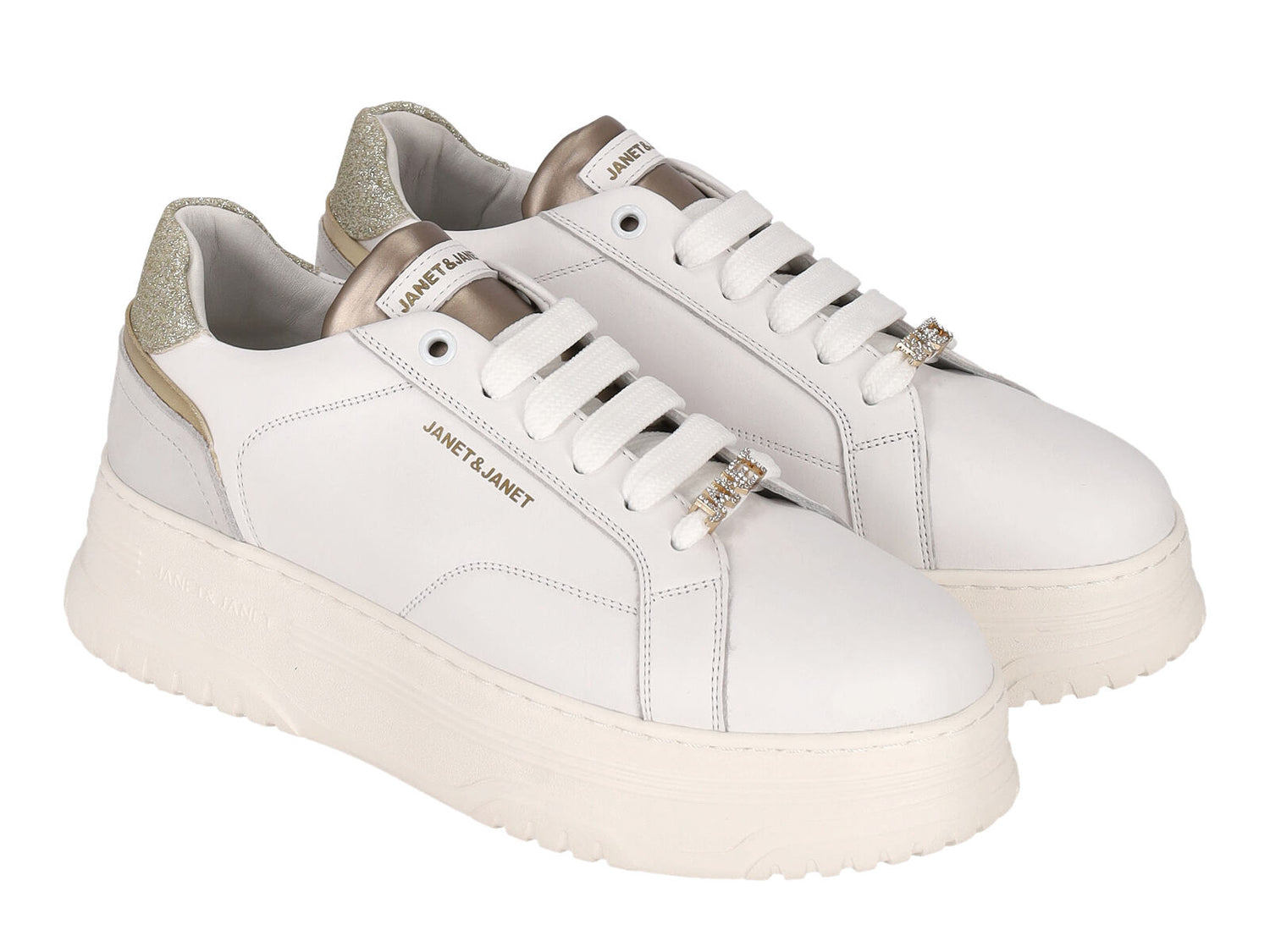 Sneakers in vitello e riporto glitterato platino