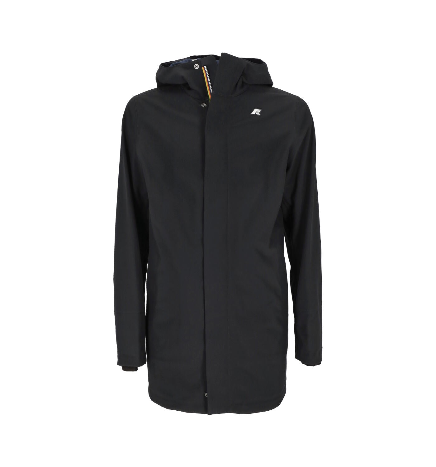 Giacca 3/4 con cappuccio , chiusura con zip .