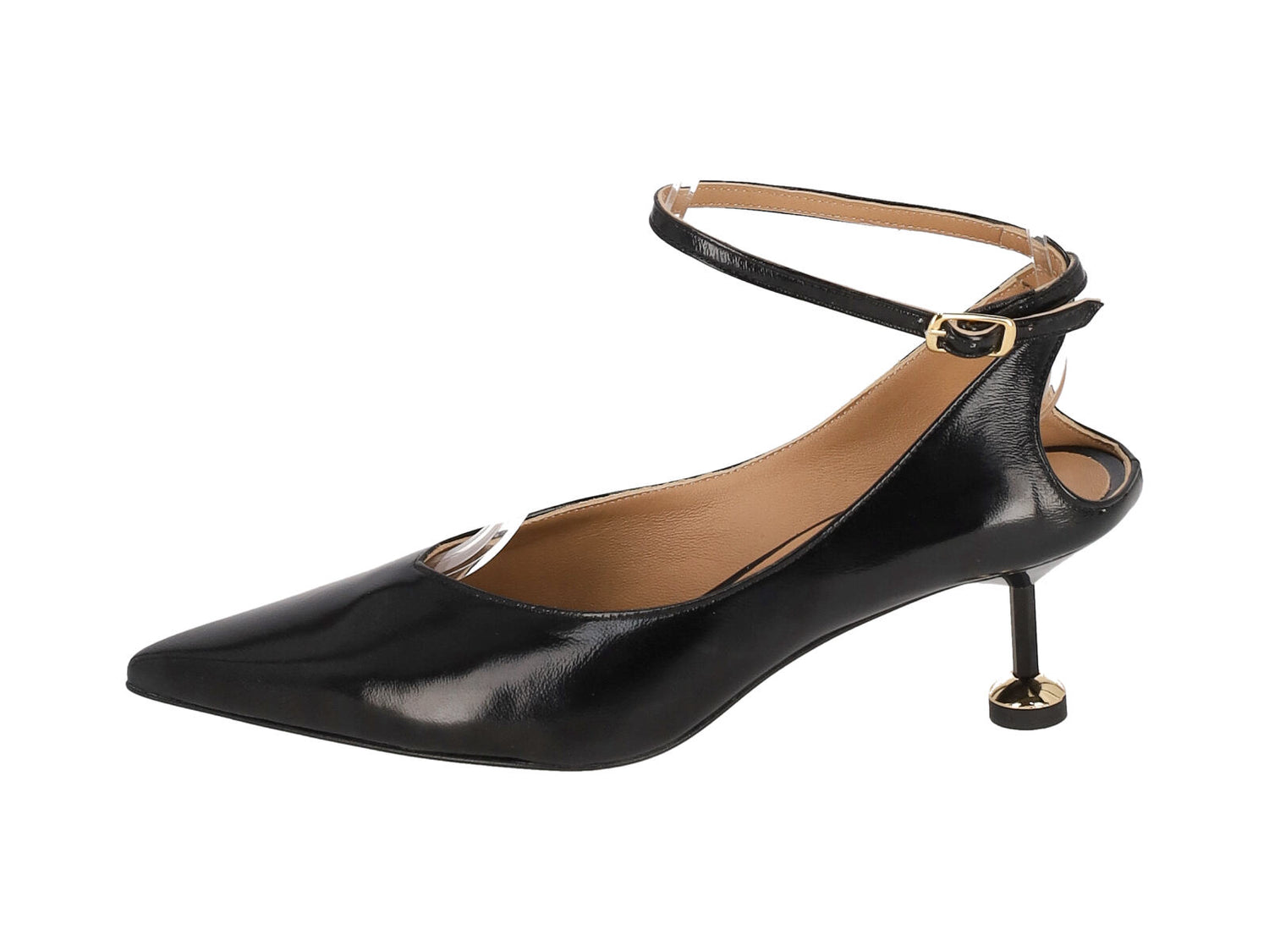 Decolletè in pelle nera con cinturino regolabile alla caviglia , tacco con bottone oro altezza 5 cm.