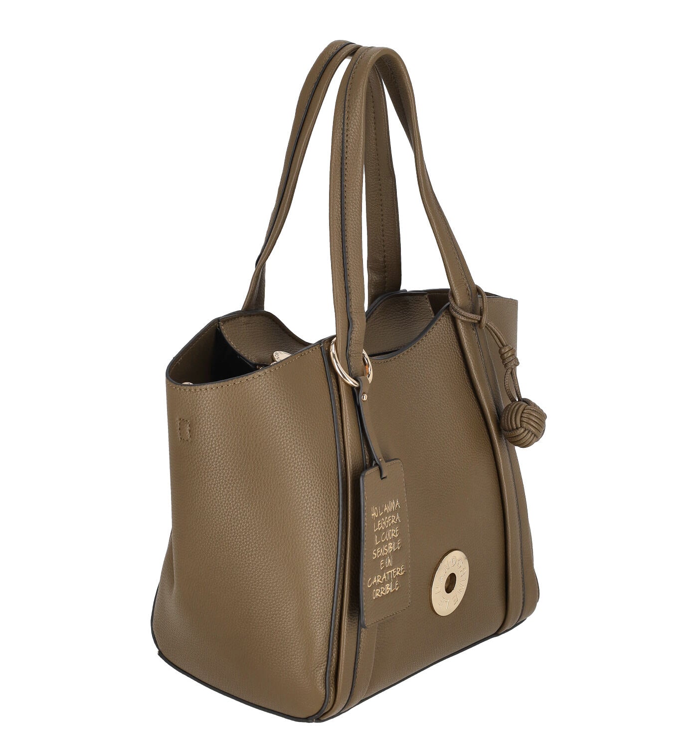 Borsa shopping con logo a cerchio, chiusura a zip manici lunghi