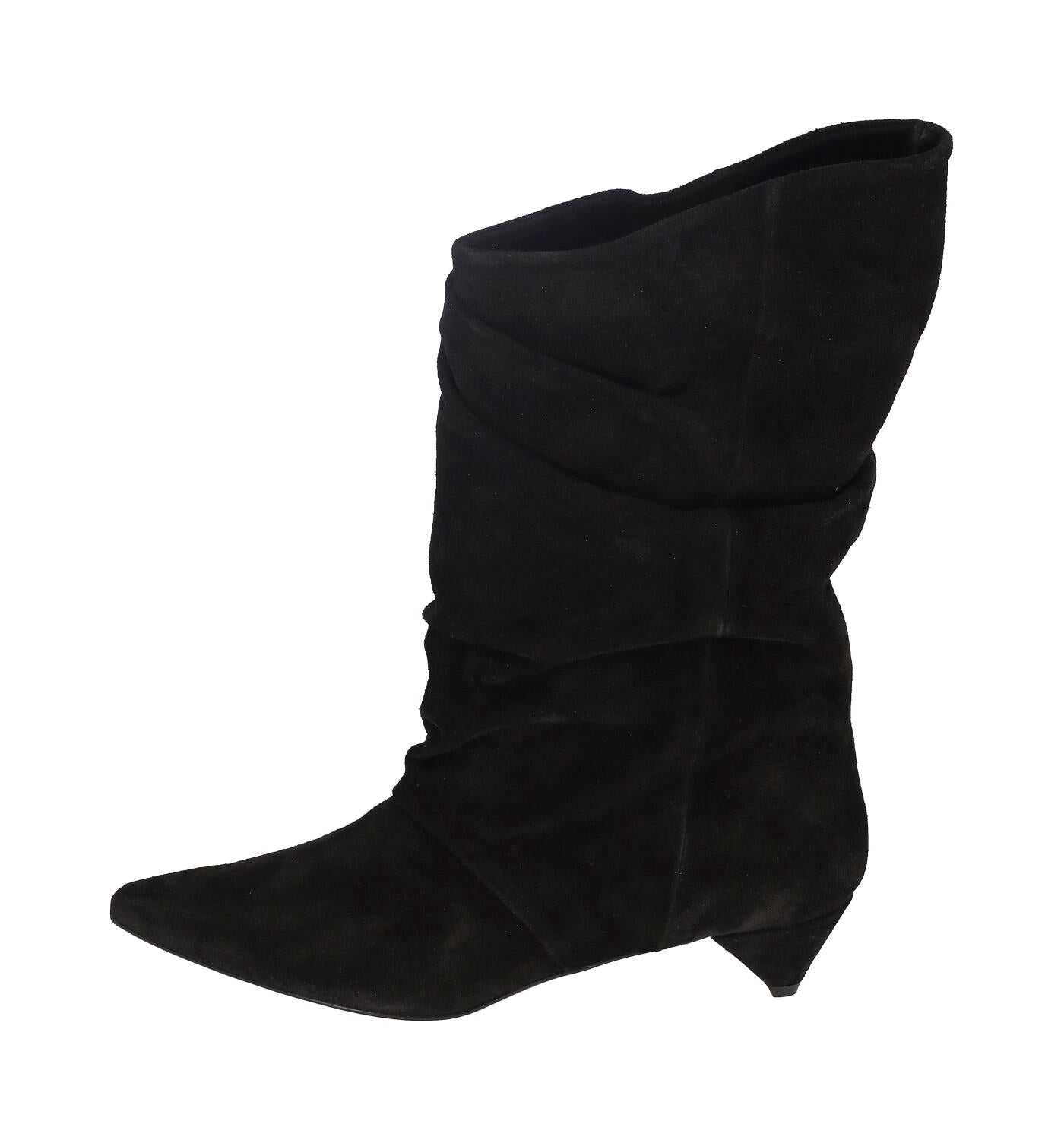 Stivaletto con taglio asimmetrico , in camoscio con tacco altezza 5 cm .